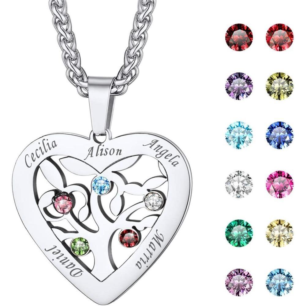 imageU7 HeartRound Tree of Life Necklace Customized Birthstone Jewelry for Women MenCustom Name Family Branch Tree Pendant Personalized Mother Necklaces with 27 Names and BirthstonesStainless SteelHeart5 NamesBirthstone