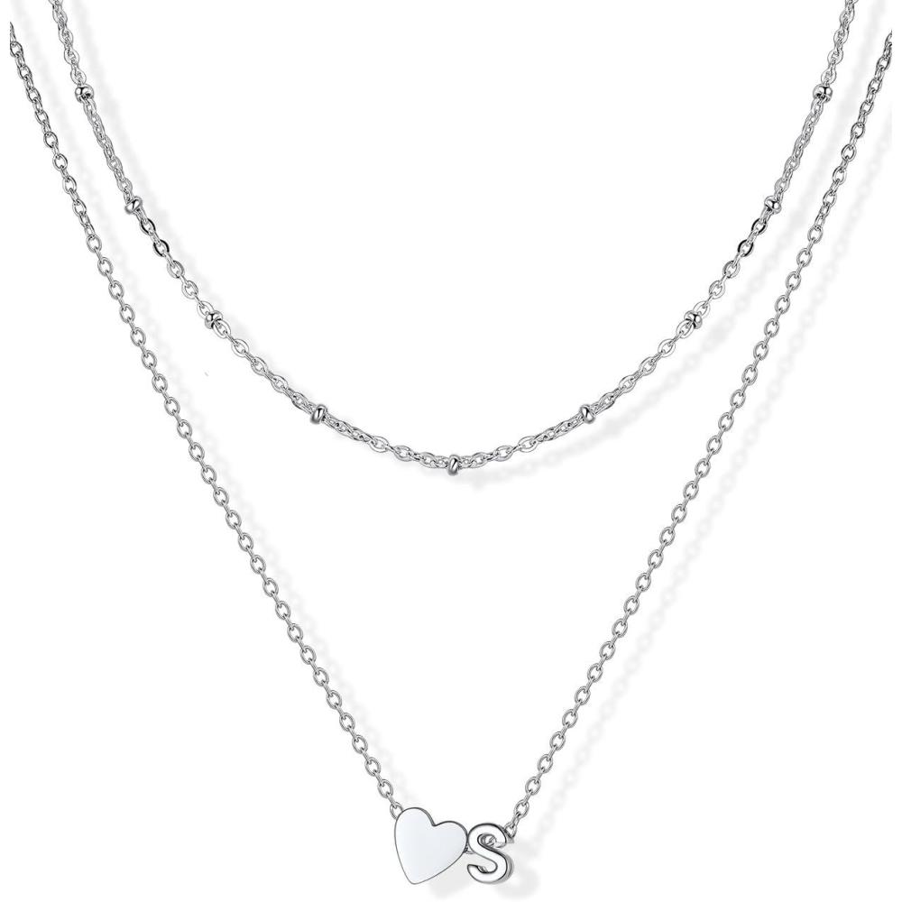 imageU7 Layered Heart Initial Necklace for WomenTiny Silver14K Gold Heart Initial AZ Letter Pendant NecklacesChristmas Gifts for HerSilver
