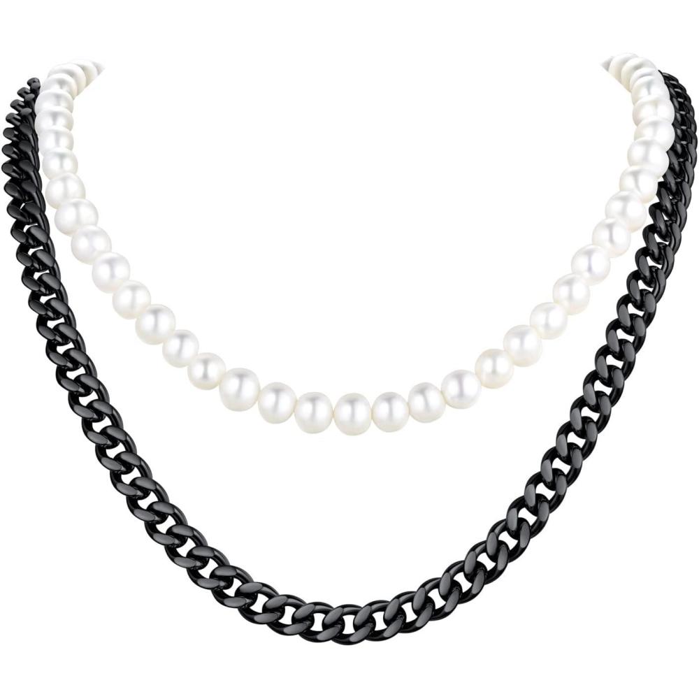 imageU7 Layered Pearl Necklace Set Hip Hop Black Cuban Link Chain and Off White Pearl Choker Necklace for Men Women