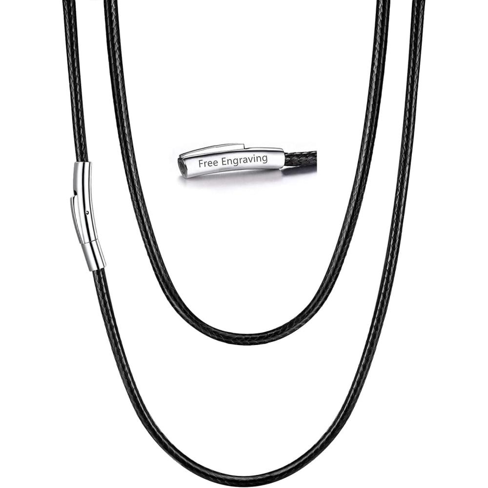 imageU7 Leather Necklace Cord with Customizable Stainless SteelBlack Clasp Waterproof BlackBrown Woven Wax Rope Chain for Men Women 1523mm Length 16quot30quotr3MM WideBlackengraved