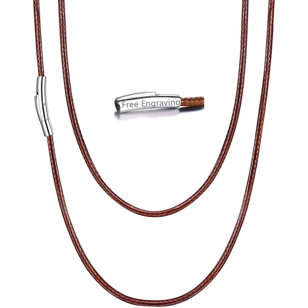 imageU7 Leather Necklace Cord with Customizable Stainless SteelBlack Clasp Waterproof BlackBrown Woven Wax Rope Chain for Men Women 1523mm Length 16quot30quotr2MM WideBrownengraved