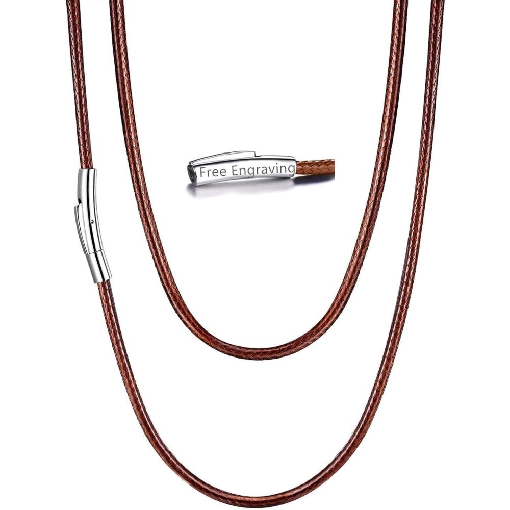 imageU7 Leather Necklace Cord with Customizable Stainless SteelBlack Clasp Waterproof BlackBrown Woven Wax Rope Chain for Men Women 1523mm Length 16quot30quots3MM WideBrownengraved