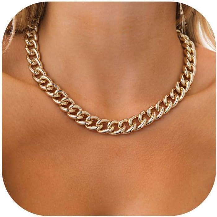 imageU7 Lightweight Chunky Gold Necklace Thick Aluminum Cuban Link Chain for Women Trendy Chic Punk Hip Hop Chunky Gold Jewelry Statement Necklace for Christmas Gifts 14K Gold Plated 13mm16mm23mm20inch Length