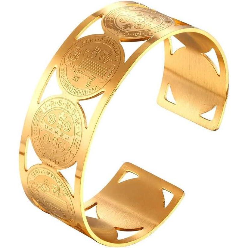 imageU7 Men Women Bangle Stainless Steel Gold Plated Cross St Benedict Medal Cuff Bracelet
