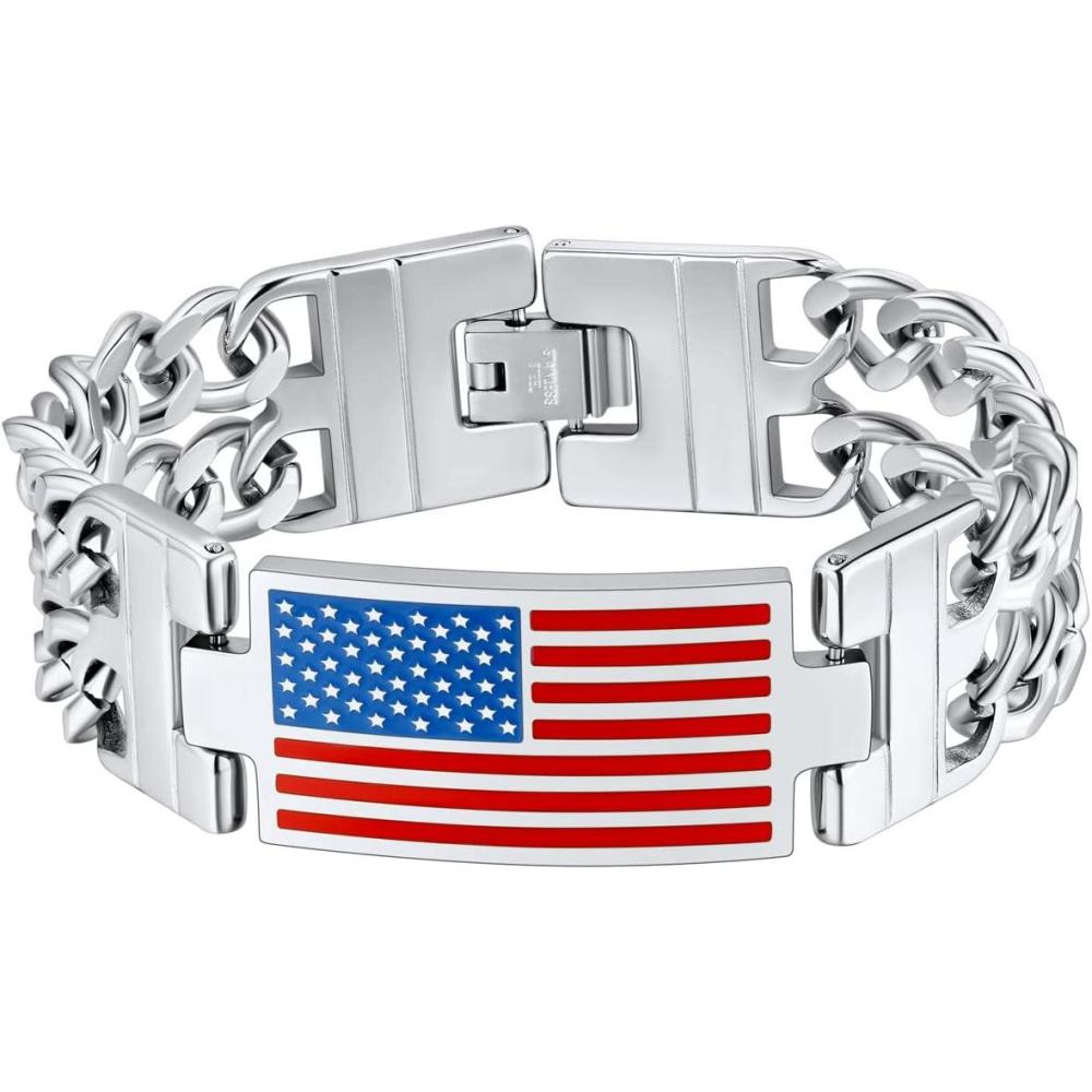 imageU7 Patriotic Bracelets for Men Women Stainless Steel 8mm Double Cuban Link Chain Bracelet American Flag Jewelry83quot21cm