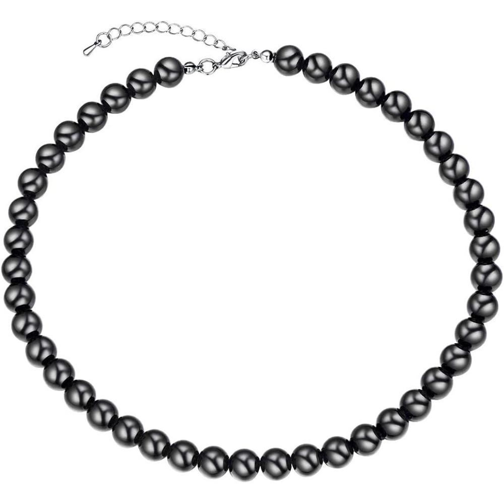 imageU7 Pearl Necklaces for Men Women Freshwater Cultured Pearl Strand Faux Pearl Baroque Pearl Necklace Half Pearl Half Chain Necklace Color White or Black Pearl ChokersA  BlackFaux pearl 10mmlength 17