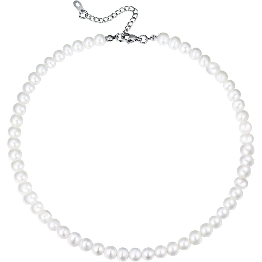 imageU7 Pearl Necklaces for Men Women Freshwater Cultured Pearl Strand Faux Pearl Baroque Pearl Necklace Half Pearl Half Chain Necklace Color White or Black Pearl ChokersE Freshwater pearl758mm chokerlength 16