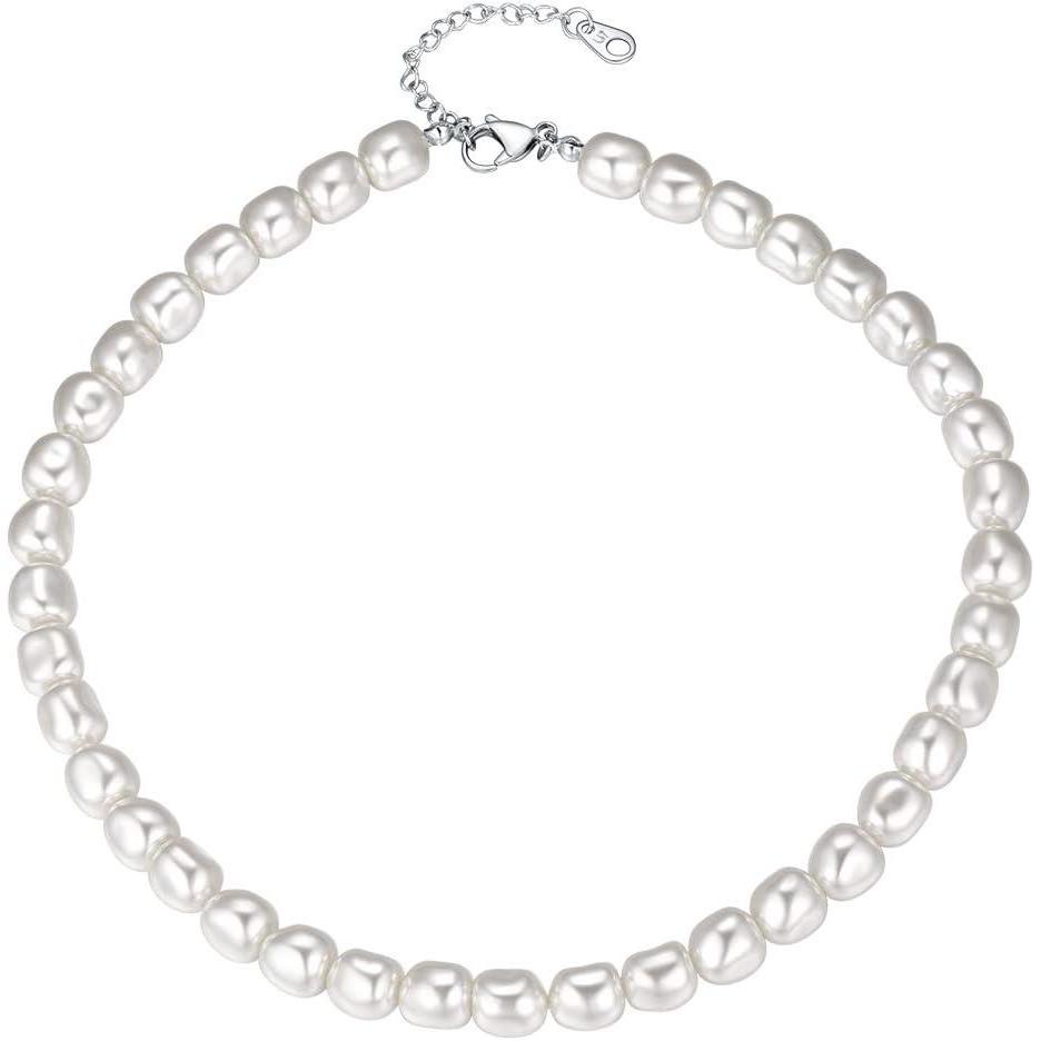 imageU7 Pearl Necklaces for Men Women Freshwater Cultured Pearl Strand Faux Pearl Baroque Pearl Necklace Half Pearl Half Chain Necklace Color White or Black Pearl ChokersB Baroque pearl10mmlength 17