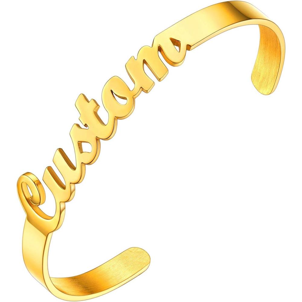 imageU7 Personalized Cuff Bracelets Women Mens Stainless Steel 18K Gold Plated CubanBraidedSimple Cuff Bracelets Open Bangles CustomizableName CuffGold