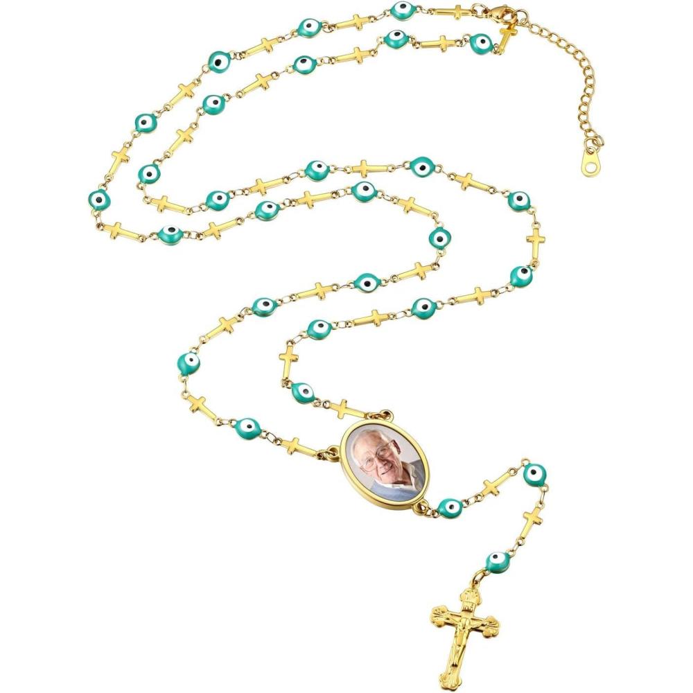 imageU7 Personalized Rosary Necklace for Women Men with Photo ampamp TextStainless Steel Custom Rosary Bead Catholic Cross Y Chain NecklaceMemorial Christian Jewelry Gift04PhotoEvil EyeGold