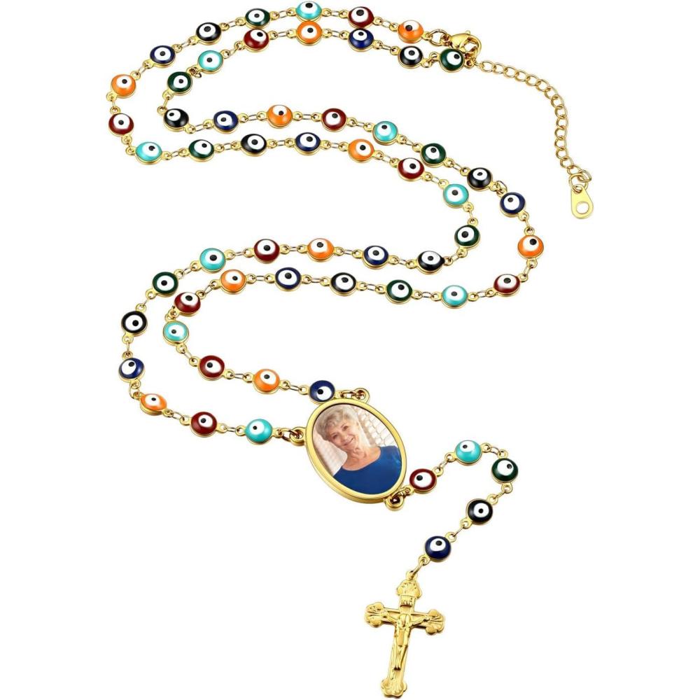 imageU7 Personalized Rosary Necklace for Women Men with Photo ampamp TextStainless Steel Custom Rosary Bead Catholic Cross Y Chain NecklaceMemorial Christian Jewelry Gift04PhotoColorful Evil EyeGold
