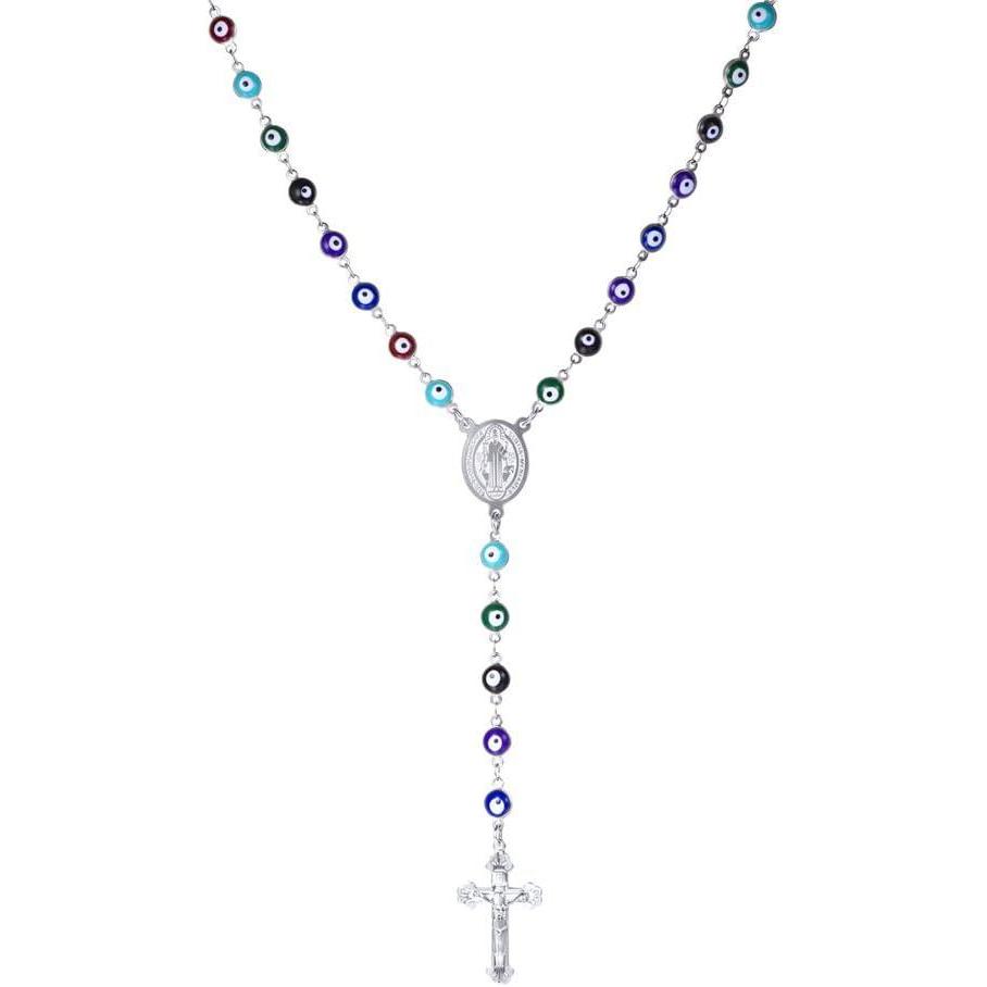 imageU7 Personalized Rosary Necklace for Women Men with Photo ampamp TextStainless Steel Custom Rosary Bead Catholic Cross Y Chain NecklaceMemorial Christian Jewelry Gift03Colorful Evil EyeSteel