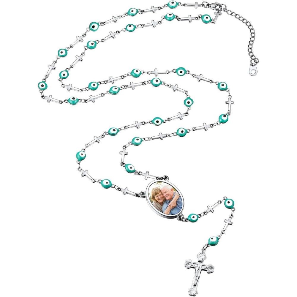 imageU7 Personalized Rosary Necklace for Women Men with Photo ampamp TextStainless Steel Custom Rosary Bead Catholic Cross Y Chain NecklaceMemorial Christian Jewelry Gift04PhotoEvil EyeSilver