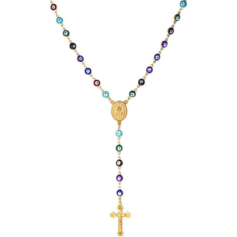 imageU7 Personalized Rosary Necklace for Women Men with Photo ampamp TextStainless Steel Custom Rosary Bead Catholic Cross Y Chain NecklaceMemorial Christian Jewelry Gift03Colorful Evil EyeGold