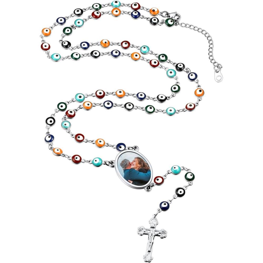 imageU7 Personalized Rosary Necklace for Women Men with Photo ampamp TextStainless Steel Custom Rosary Bead Catholic Cross Y Chain NecklaceMemorial Christian Jewelry Gift04PhotoColorful Evil EyeSilver