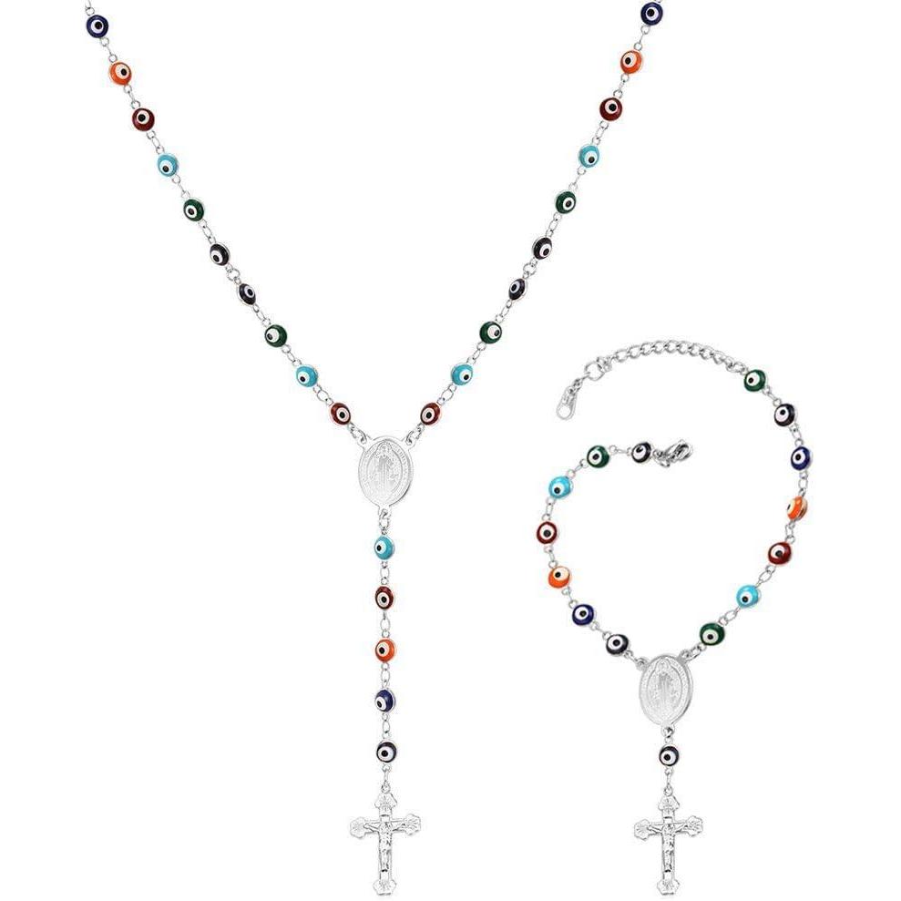 imageU7 Personalized Rosary Necklace for Women Men with Photo ampamp TextStainless Steel Custom Rosary Bead Catholic Cross Y Chain NecklaceMemorial Christian Jewelry Gift05SetColorful Evil EyeSteel