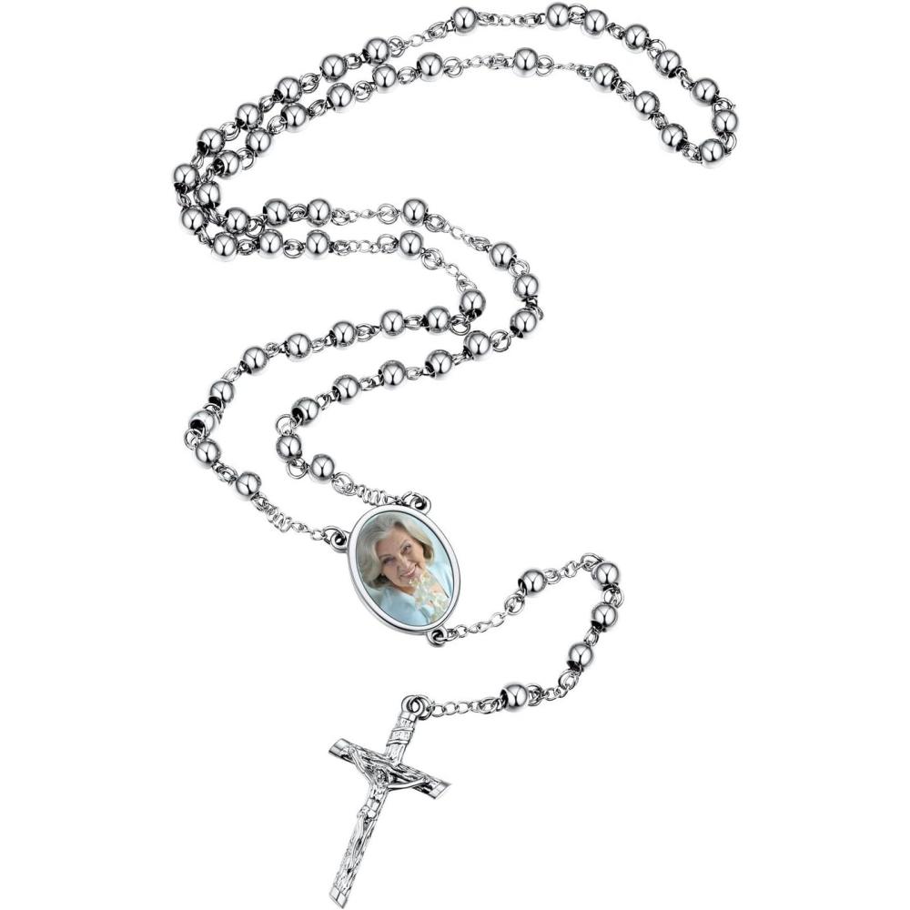 imageU7 Personalized Rosary Necklace for Women Men with Photo ampamp TextStainless Steel Custom Rosary Bead Catholic Cross Y Chain NecklaceMemorial Christian Jewelry Gift01Photo Silver