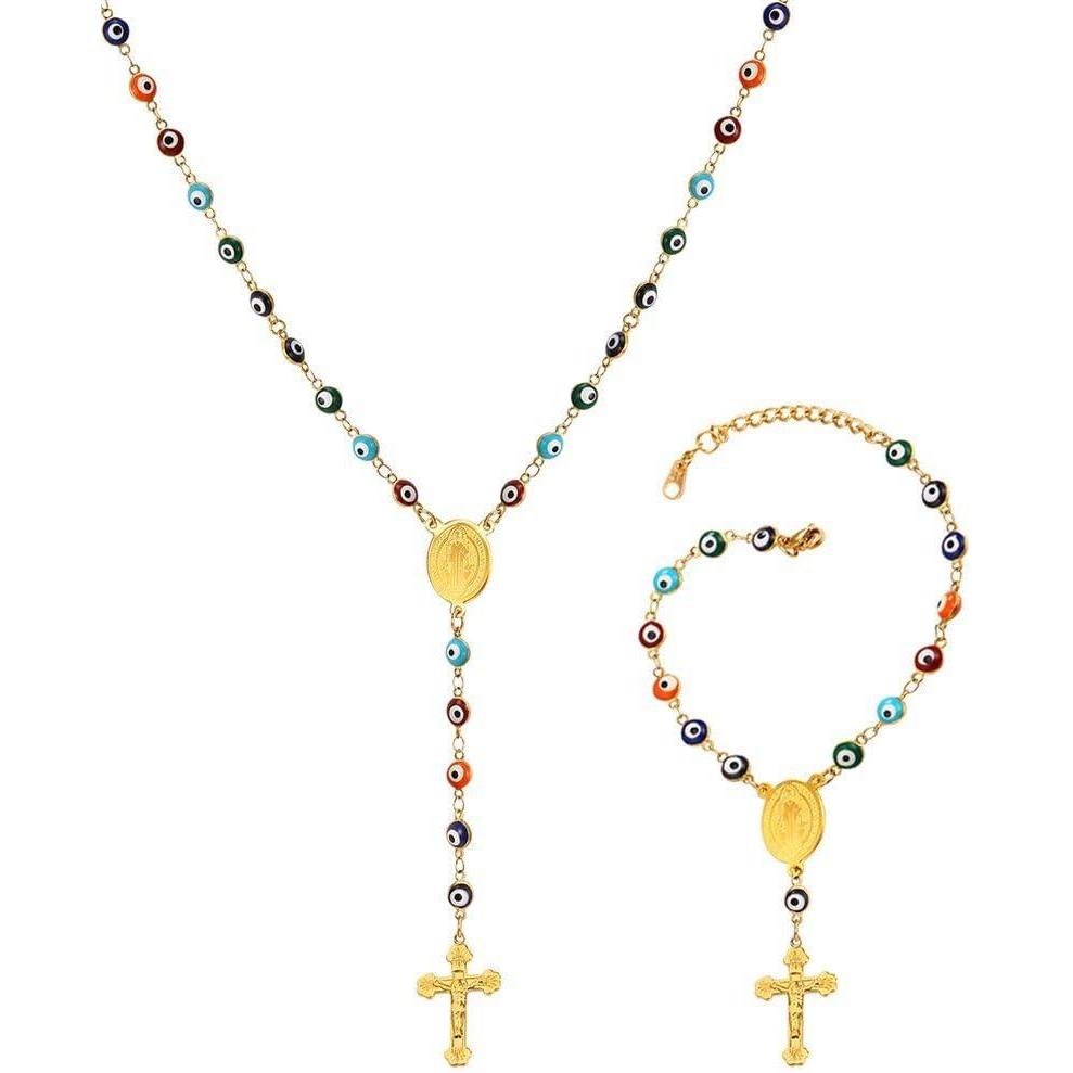imageU7 Personalized Rosary Necklace for Women Men with Photo ampamp TextStainless Steel Custom Rosary Bead Catholic Cross Y Chain NecklaceMemorial Christian Jewelry Gift05SetColorful Evil EyeGold