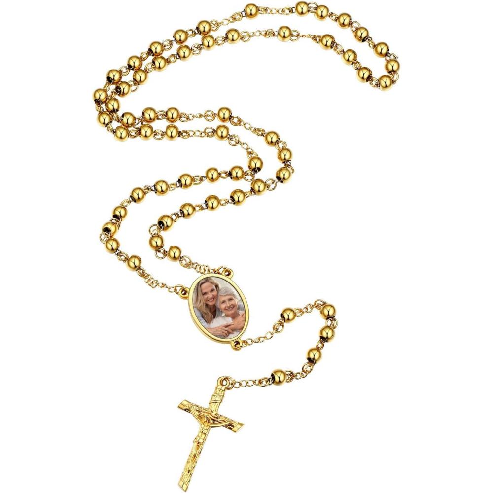 imageU7 Personalized Rosary Necklace for Women Men with Photo ampamp TextStainless Steel Custom Rosary Bead Catholic Cross Y Chain NecklaceMemorial Christian Jewelry Gift01PhotoGold