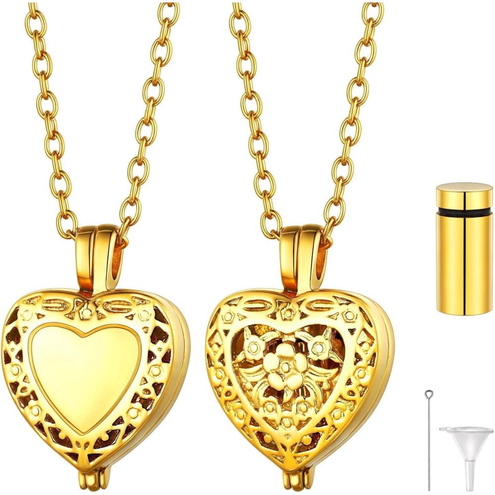 imageU7 Personalized Urn Necklaces for Men Women Stainless Steel Text ampamp Picture Pendant Necklace for Ashes Customized Cremation Jewelry01Filigree HeartGold