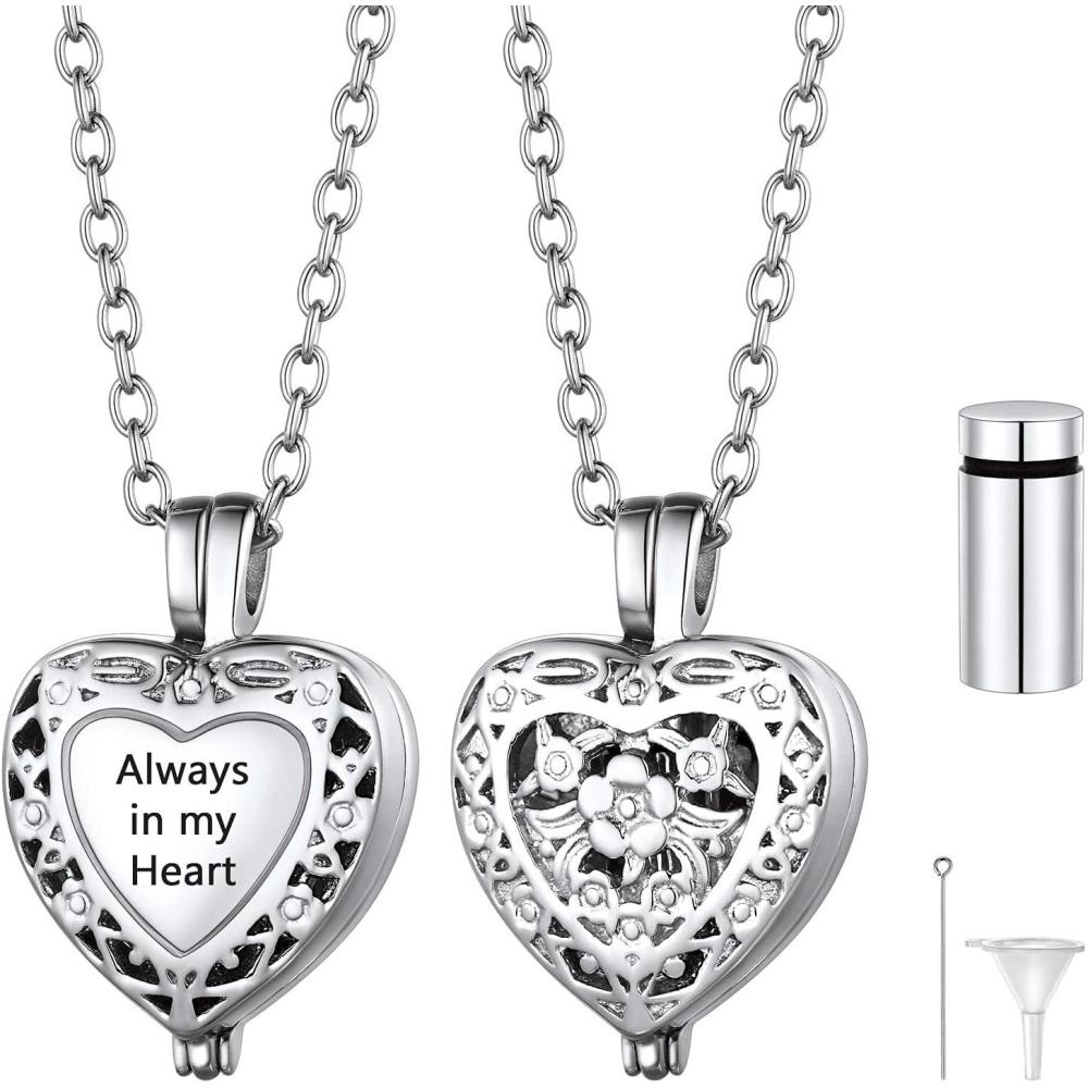 imageU7 Personalized Urn Necklaces for Men Women Stainless Steel Text ampamp Picture Pendant Necklace for Ashes Customized Cremation Jewelry02Filigree Heart with TextSilver