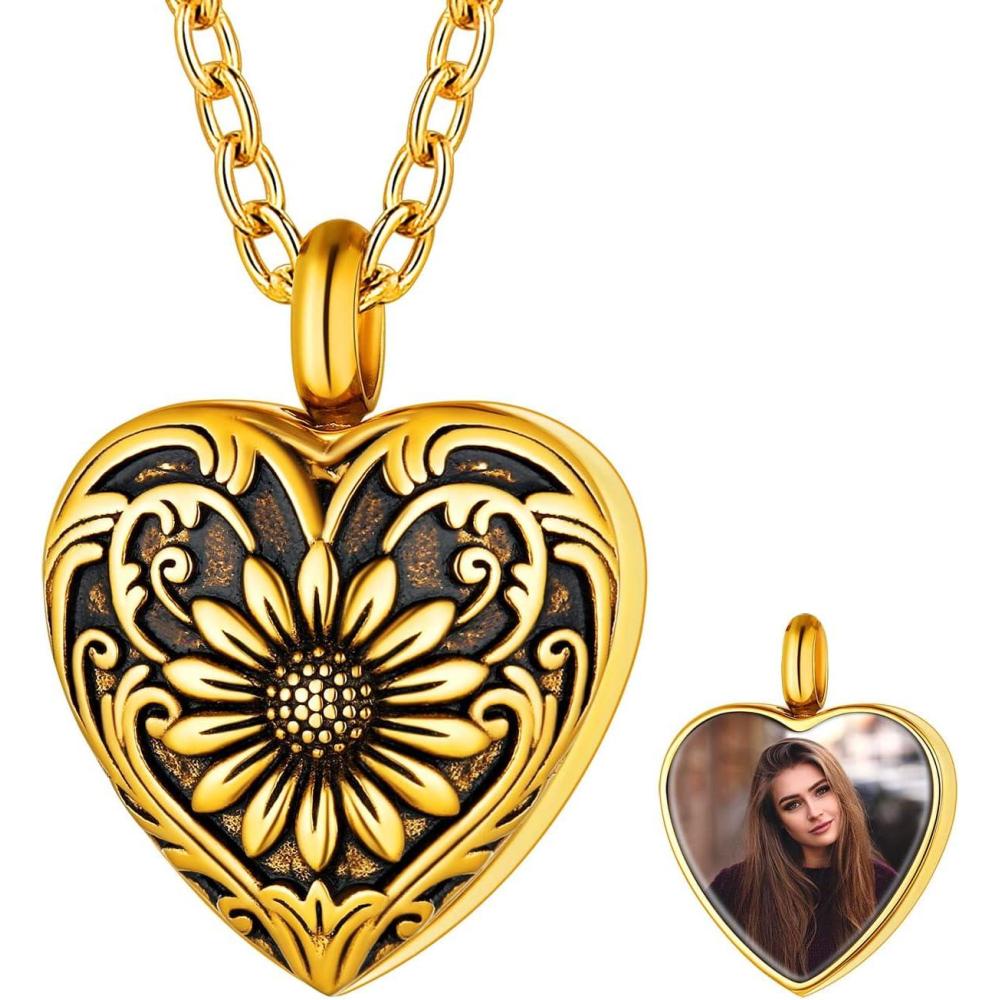 imageU7 Personalized Urn Necklaces for Men Women Stainless Steel Text ampamp Picture Pendant Necklace for Ashes Customized Cremation Jewelry06Sunflower Locket with Photo Gold