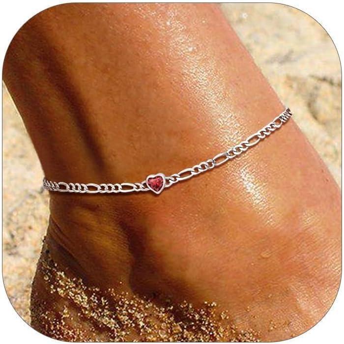 imageU7 SILVERCUTE Sterling Silver Anklets for Women Large HeartRound Birthstone Ankle Bracelet with Figaro Chain Waterproof Summer Beach Foot Jewelry Length 85quot105quotGarnet Red heart