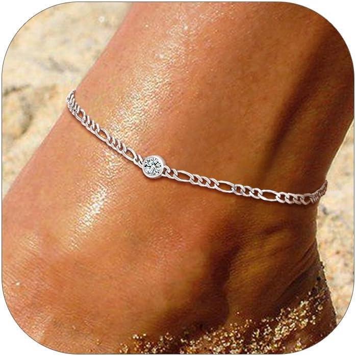 imageU7 SILVERCUTE Sterling Silver Anklets for Women Large HeartRound Birthstone Ankle Bracelet with Figaro Chain Waterproof Summer Beach Foot Jewelry Length 85quot105quotWhite round