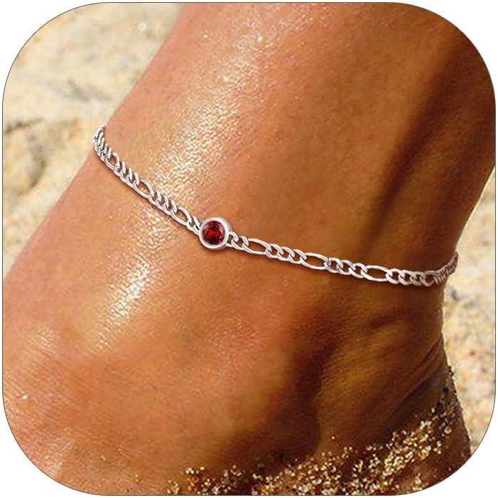 imageU7 SILVERCUTE Sterling Silver Anklets for Women Large HeartRound Birthstone Ankle Bracelet with Figaro Chain Waterproof Summer Beach Foot Jewelry Length 85quot105quotGarnet Red round