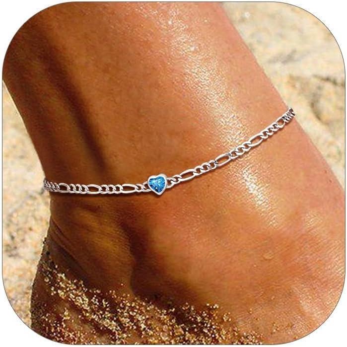 imageU7 SILVERCUTE Sterling Silver Anklets for Women Large HeartRound Birthstone Ankle Bracelet with Figaro Chain Waterproof Summer Beach Foot Jewelry Length 85quot105quotDeep Blue heart