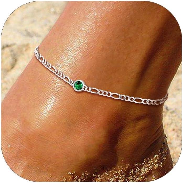 imageU7 SILVERCUTE Sterling Silver Anklets for Women Large HeartRound Birthstone Ankle Bracelet with Figaro Chain Waterproof Summer Beach Foot Jewelry Length 85quot105quotGreen round