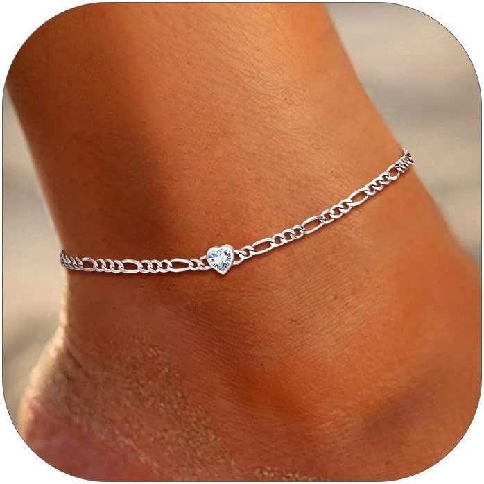 imageU7 SILVERCUTE Sterling Silver Anklets for Women Large HeartRound Birthstone Ankle Bracelet with Figaro Chain Waterproof Summer Beach Foot Jewelry Length 85quot105quotWhite heart