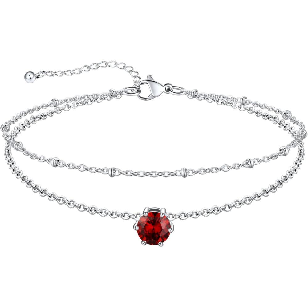 imageU7 Silver Ankle Bracelet for Women Waterproof Layered Ankle Round Gem Birthstone Anklets Summer Beach Foot Jewelry Adjustable 85quot105quot01JanuaryGarnet Red