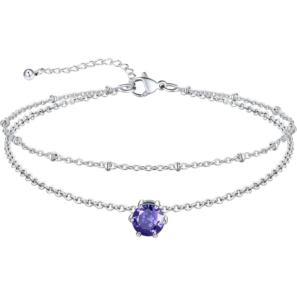 imageU7 Silver Ankle Bracelet for Women Waterproof Layered Ankle Round Gem Birthstone Anklets Summer Beach Foot Jewelry Adjustable 85quot105quot02FebruaryAmethyst Purple