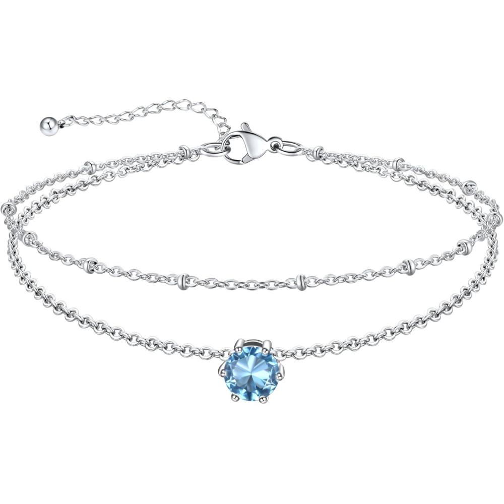 imageU7 Silver Ankle Bracelet for Women Waterproof Layered Ankle Round Gem Birthstone Anklets Summer Beach Foot Jewelry Adjustable 85quot105quot03MarchAquamarine Blue