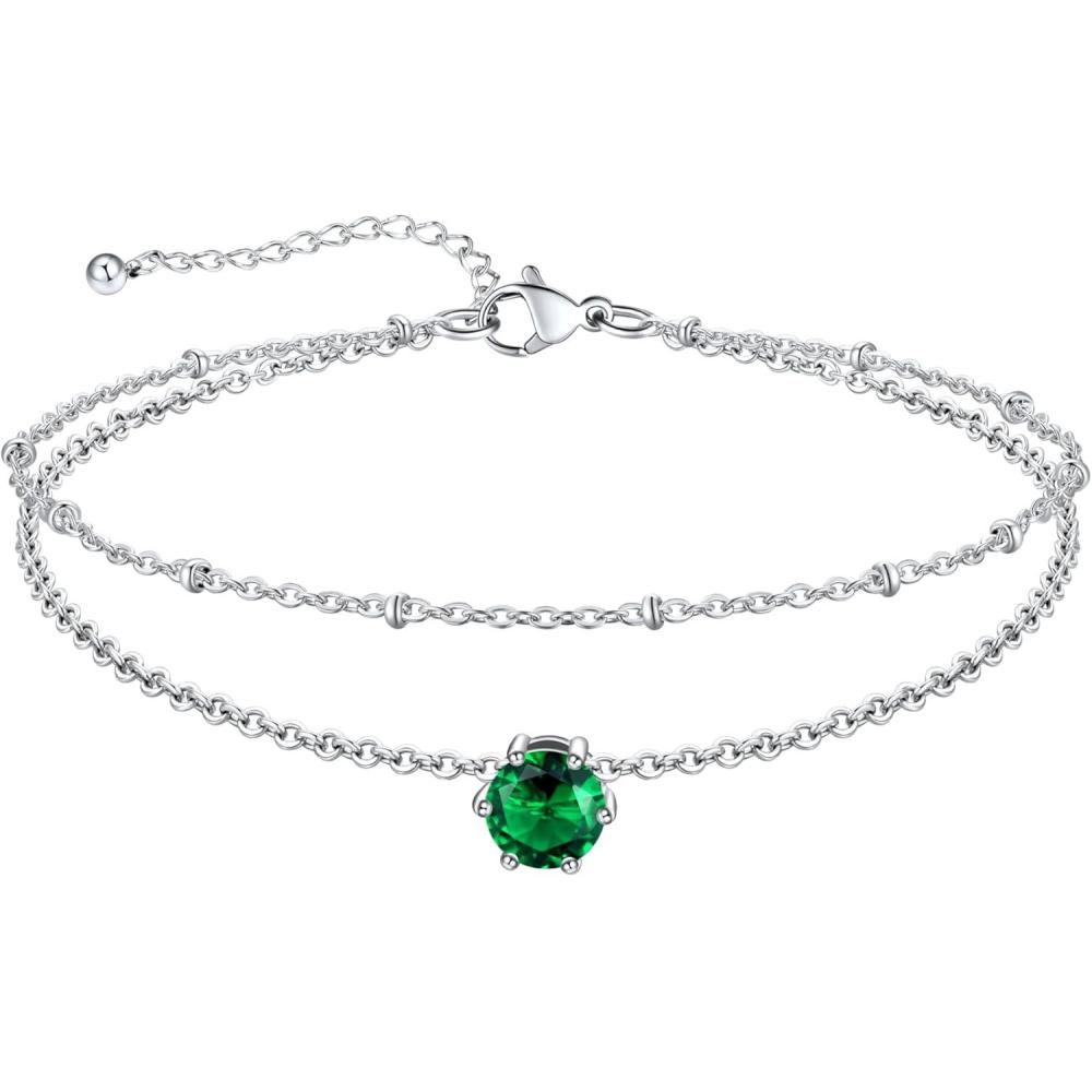 imageU7 Silver Ankle Bracelet for Women Waterproof Layered Ankle Round Gem Birthstone Anklets Summer Beach Foot Jewelry Adjustable 85quot105quot05MayEmerald Green