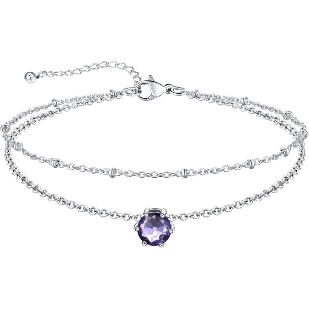 imageU7 Silver Ankle Bracelet for Women Waterproof Layered Ankle Round Gem Birthstone Anklets Summer Beach Foot Jewelry Adjustable 85quot105quot06JuneAlexandrite Purple