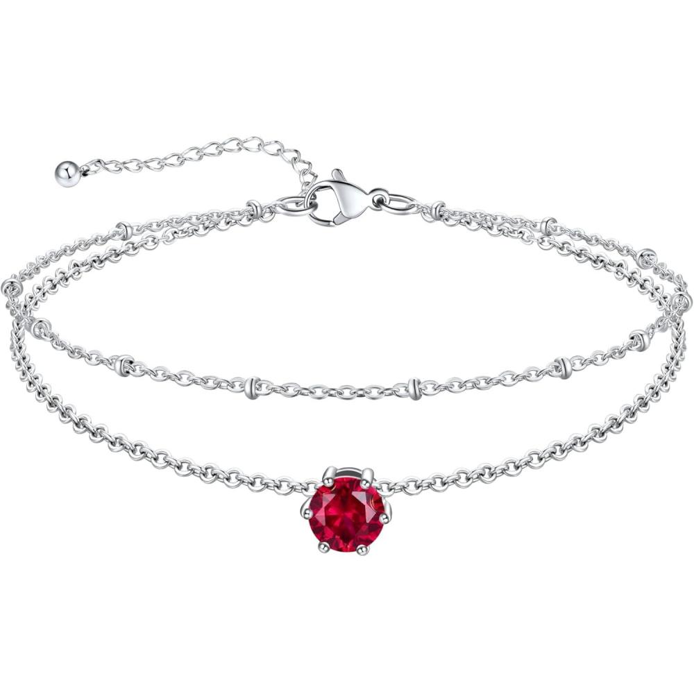 imageU7 Silver Ankle Bracelet for Women Waterproof Layered Ankle Round Gem Birthstone Anklets Summer Beach Foot Jewelry Adjustable 85quot105quot07JulyRuby Red