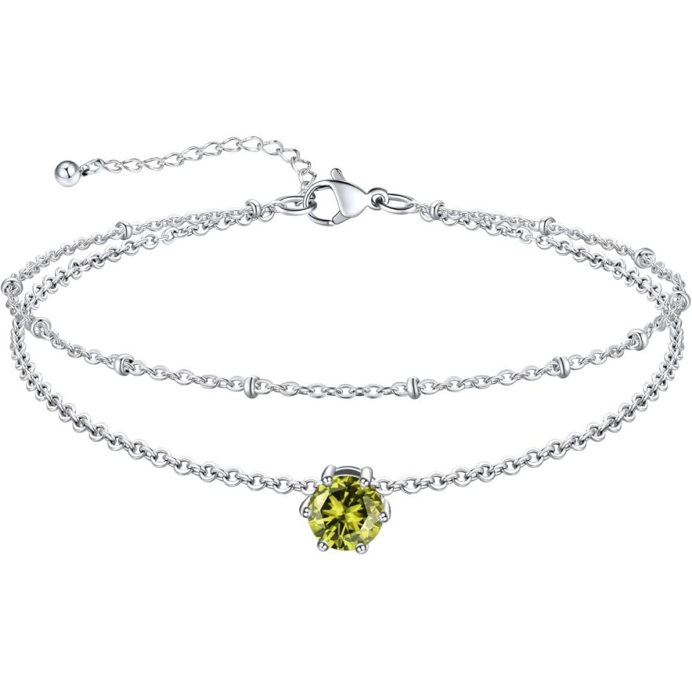 imageU7 Silver Ankle Bracelet for Women Waterproof Layered Ankle Round Gem Birthstone Anklets Summer Beach Foot Jewelry Adjustable 85quot105quot08AugustPeridot Yellow