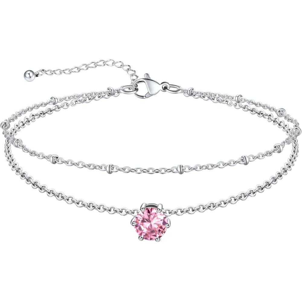 imageU7 Silver Ankle Bracelet for Women Waterproof Layered Ankle Round Gem Birthstone Anklets Summer Beach Foot Jewelry Adjustable 85quot105quot10OctoberPink Tourmaline