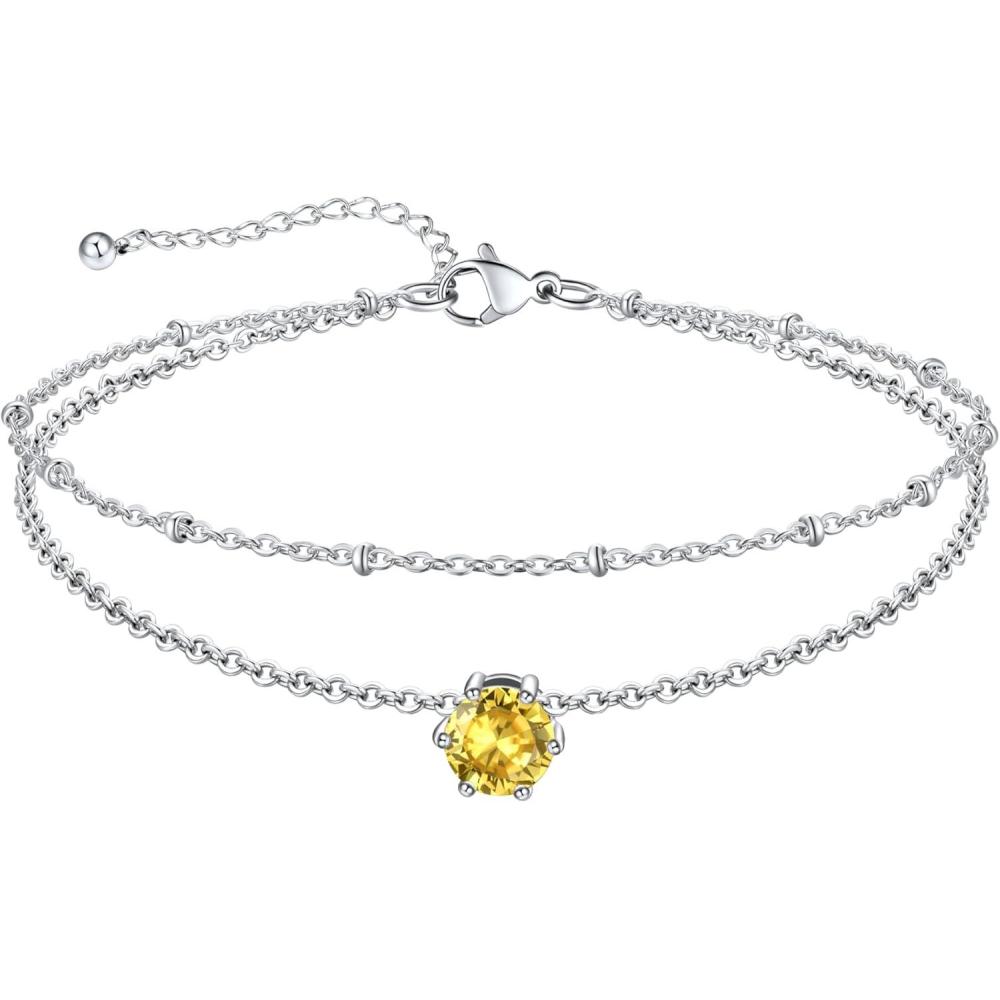 imageU7 Silver Ankle Bracelet for Women Waterproof Layered Ankle Round Gem Birthstone Anklets Summer Beach Foot Jewelry Adjustable 85quot105quot11NovemberYellow Topaz