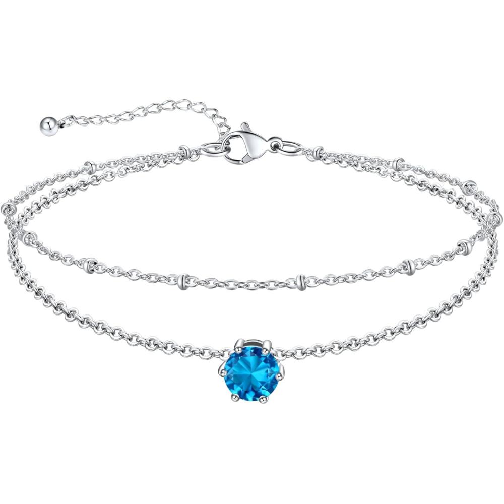 imageU7 Silver Ankle Bracelet for Women Waterproof Layered Ankle Round Gem Birthstone Anklets Summer Beach Foot Jewelry Adjustable 85quot105quot12DecemberBlue Topaz