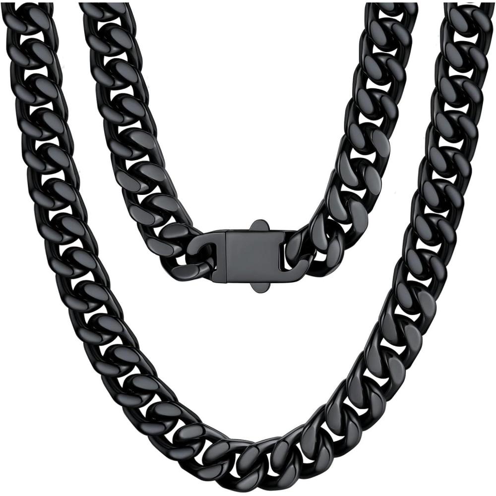 imageU7 Stainless Steel Chain Necklace for Men SilverBlackGold Plated Cuban Link Chain Thick Hip Hop Curb Chain Choker Jewelry 57912mm 1830 Inches for Mens WomenD 12mm Black