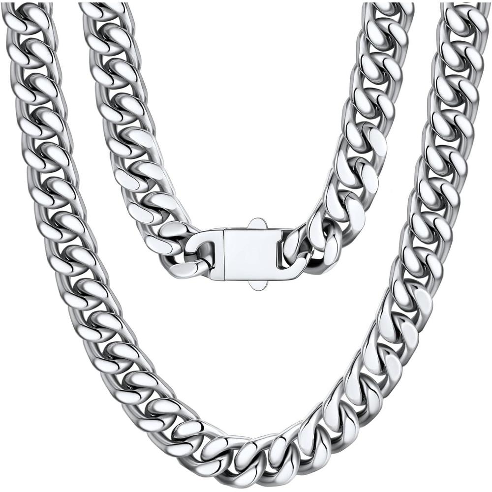 imageU7 Stainless Steel Chain Necklace for Men SilverBlackGold Plated Cuban Link Chain Thick Hip Hop Curb Chain Choker Jewelry 57912mm 1830 Inches for Mens WomenB 12mm Silver