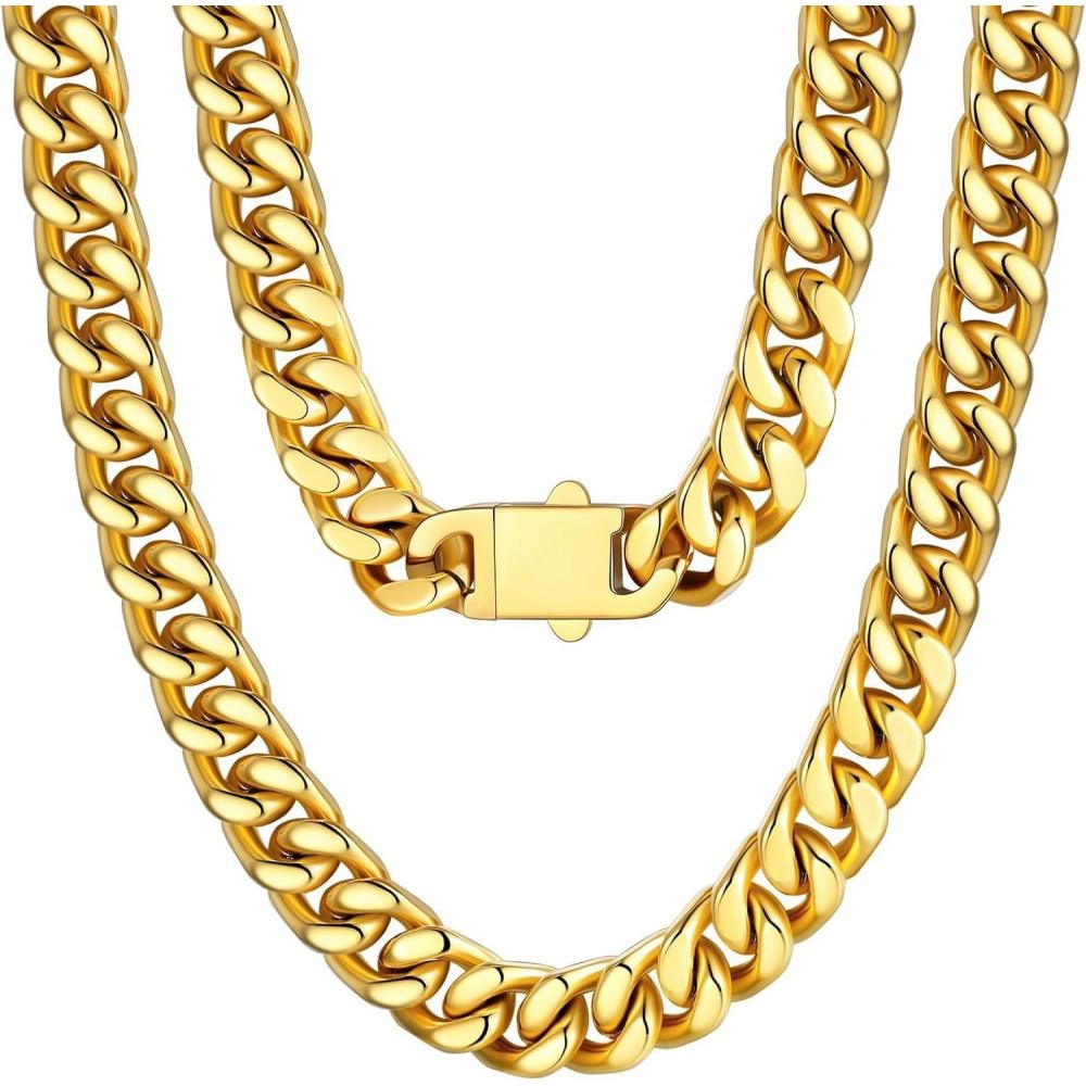 imageU7 Stainless Steel Chain Necklace for Men SilverBlackGold Plated Cuban Link Chain Thick Hip Hop Curb Chain Choker Jewelry 57912mm 1830 Inches for Mens WomenF 12mm Gold