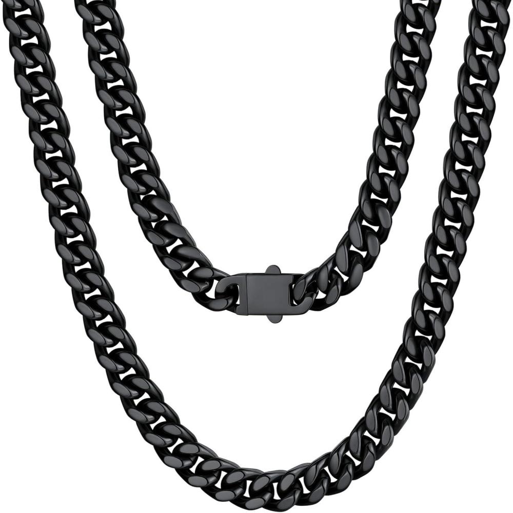 imageU7 Stainless Steel Chain Necklace for Men SilverBlackGold Plated Cuban Link Chain Thick Hip Hop Curb Chain Choker Jewelry 57912mm 1830 Inches for Mens WomenC 7mm Black
