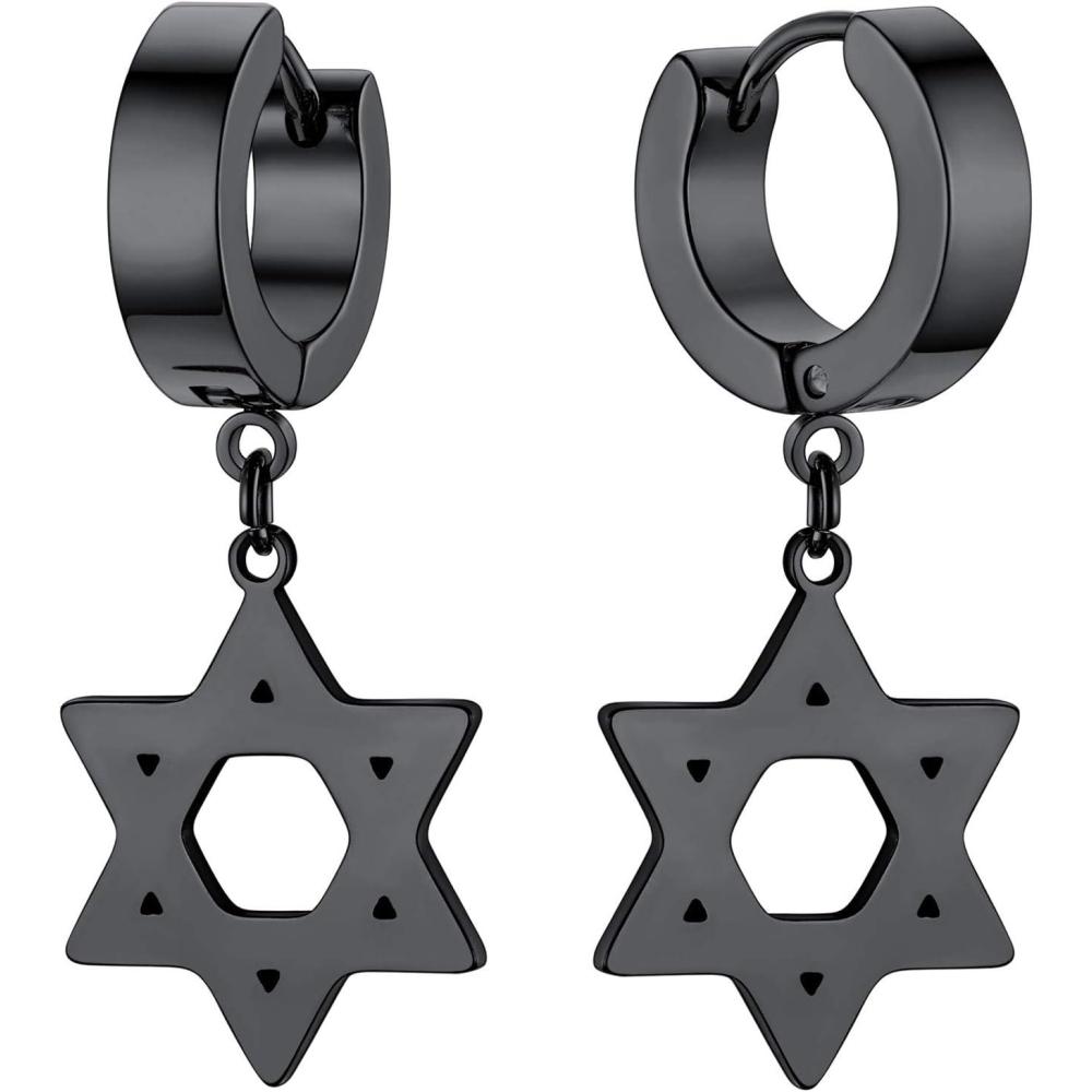 imageU7 Y2K Jewelry 18K Gold Plated Sterling Silver Huggie Hoops Earrings Ankh CrossLighting BoltFeatherItalian HornStar of David Dangle Drop Earrings for WomenDavid Star Black