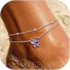 SILVERCUTE Silver Anklets for Women Cute Butterfly Jewelry 925 Sterling Silver Anklets Waterproof Summer Beach Foot Bracelet January to December Birthstone Anklet 22-27cm(02.February (Amythest)-Layered)