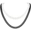 U7 Layered Pearl Necklace Set, Hip Hop Black Cuban Link Chain and Off White Pearl Choker Necklace for Men Women