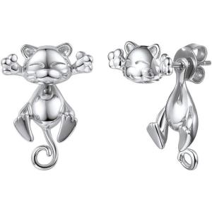925 Silver Cute Pig/Panda Bear/Dog/Cat Earrings Stud Solid Sterling Jewelry ” Kiss me Hug Me” 3D Kitten Earring(01.(Hot!!!)Silver Cat)